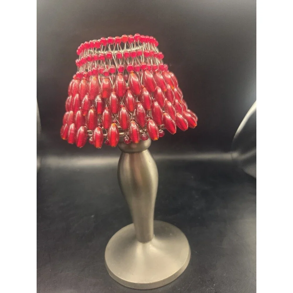 Vtg Pottery Barn Candle Holder Merlot Red Crimson Beaded Shade Fairy Light Lamp